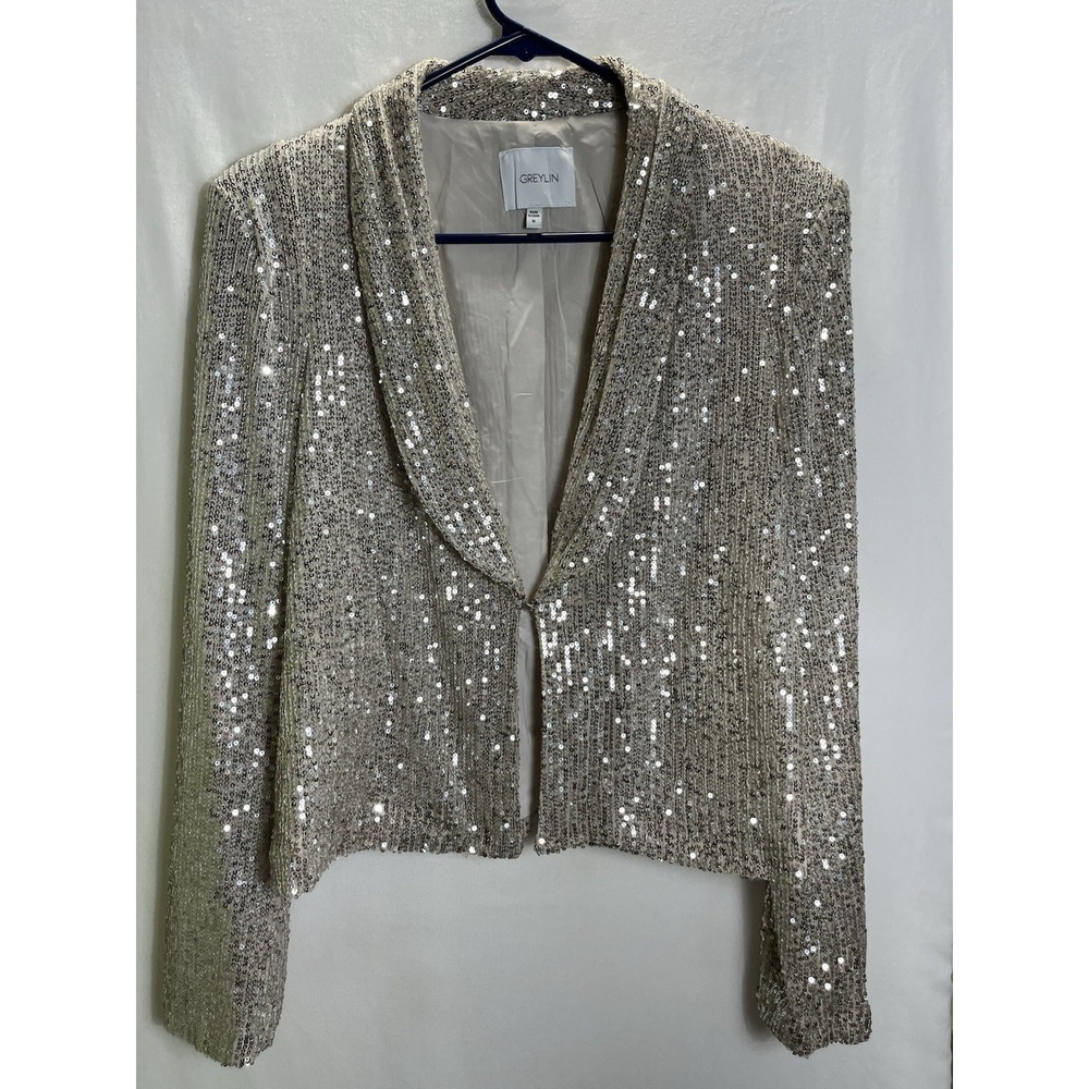 Greylin Women's Sequin Blazer Jacket Size Medium Champagne Silver Party Glam